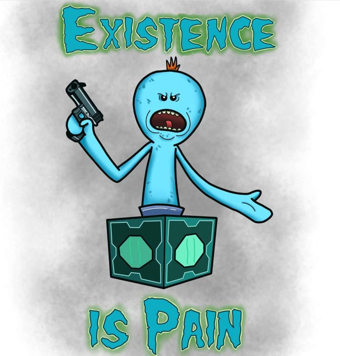 Squanchy 桌布 壁紙 — 一個藍色卡通角色戴著皇冠，站在一個寫有 existence is pain 的盒子上，手持槍支。