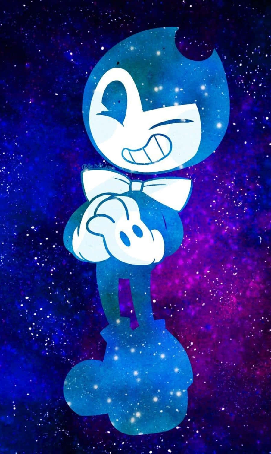 Bendy 桌布 壁紙 — 一個藍色卡通角色戴著蝴蝶結，在充滿活力的星空宇宙背景下愉快地眨眼。