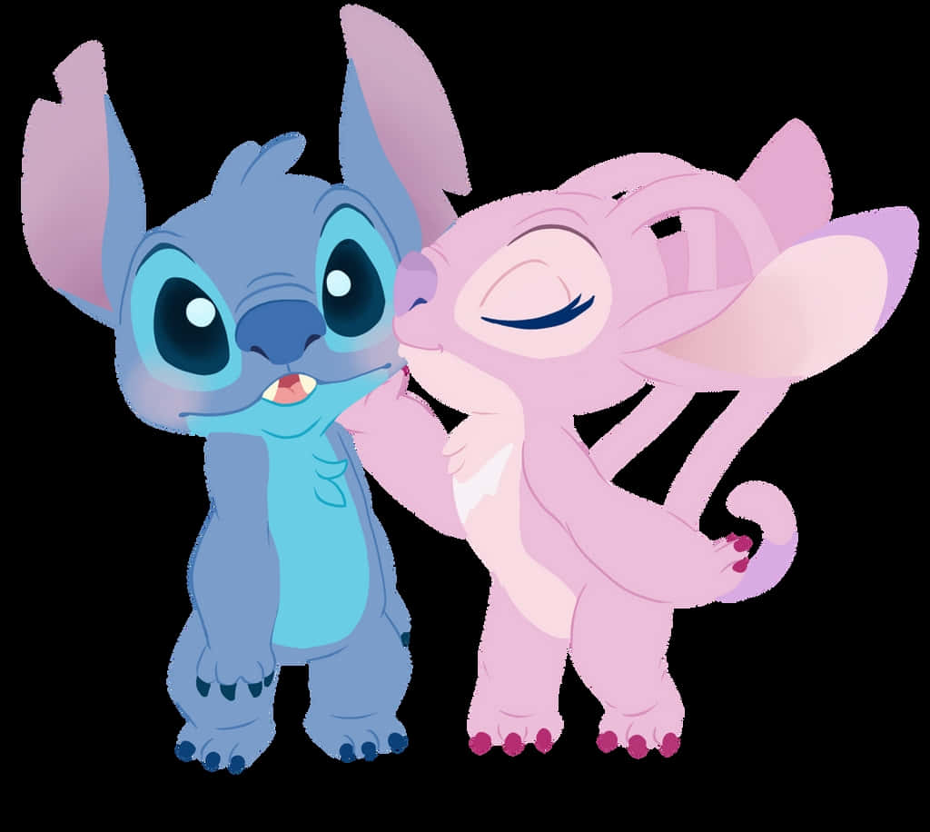 Love Stitch And Angel 桌布 壁紙 — 一個藍色和一個粉紅色像史迪仔的外星人角色在黑色背景上親切地擁抱。