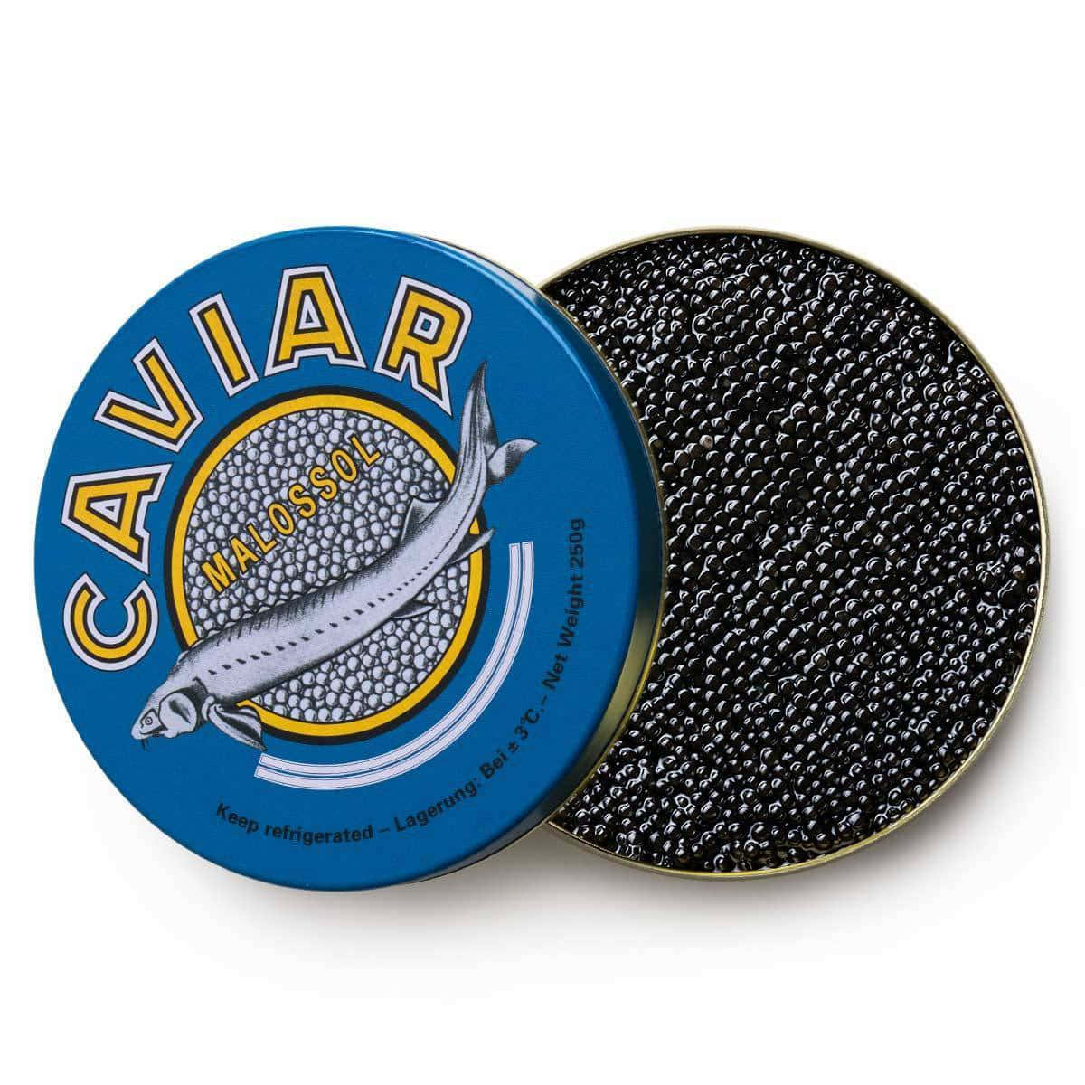 Black Caviar 桌布 壁紙 — 一個藍色嘅Malossol魚子醬罐，打開蓋露出閃亮黑色魚子，背景係純白色。