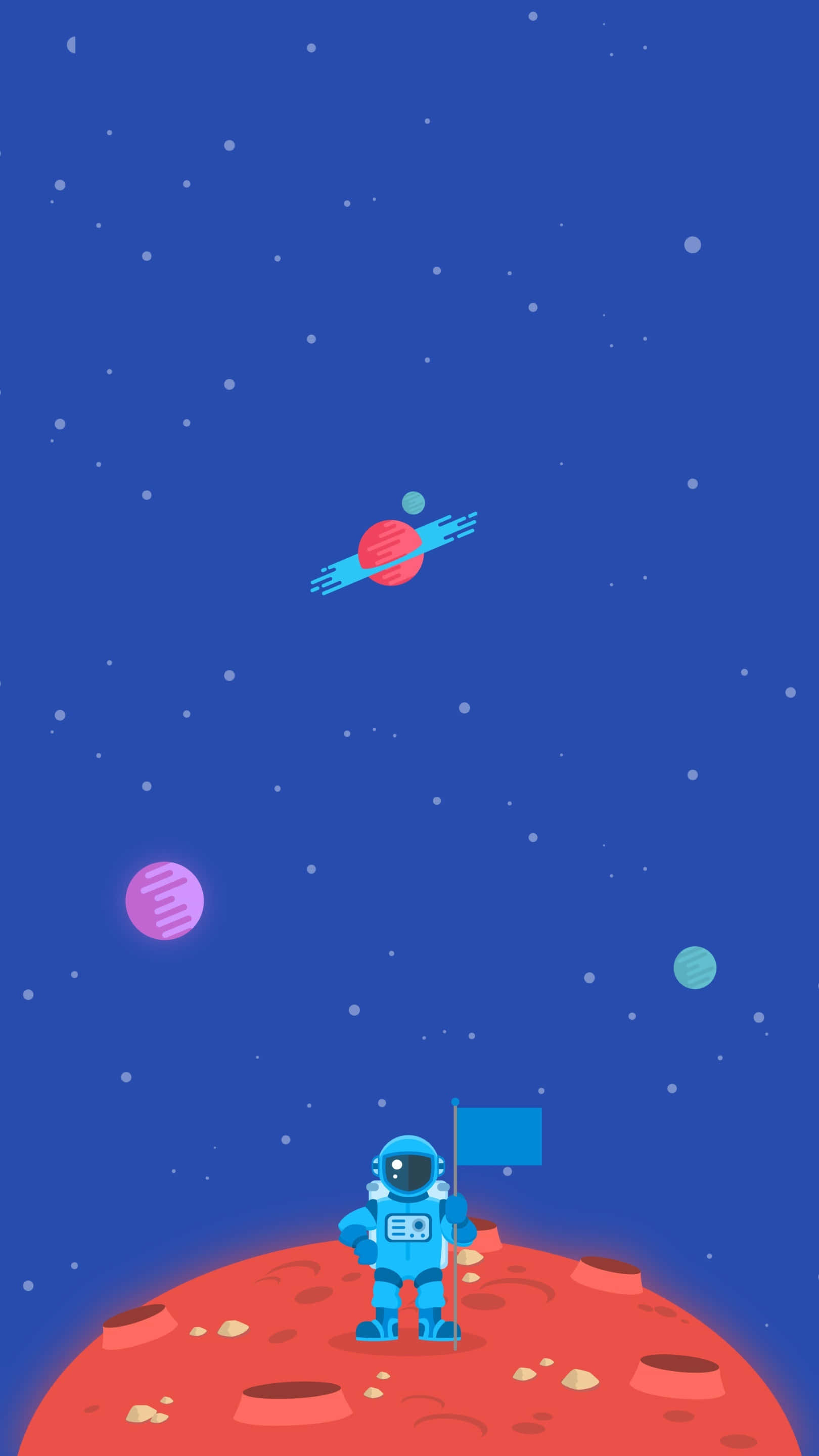Minimalist Space 桌布 壁紙 — 一個藍色太空人企喺紅色星球上，喺滿天星星同飄過嘅彩色星球下舉住旗。