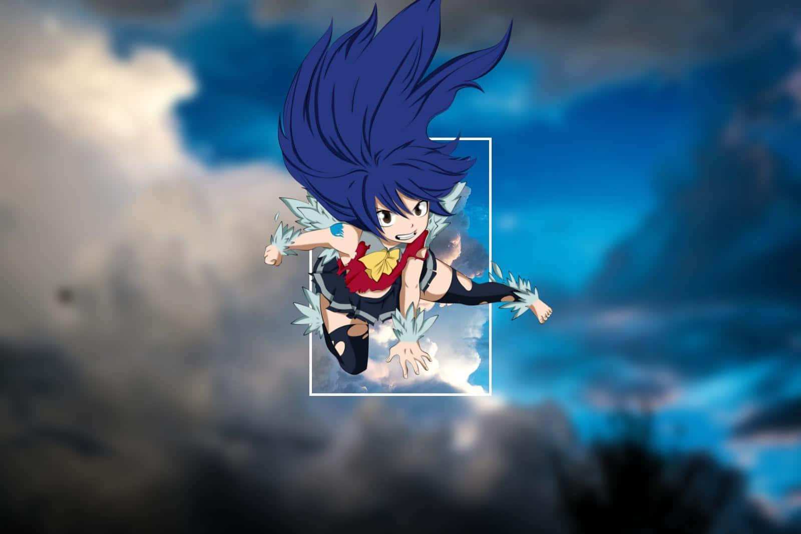 Wendy Marvell 桌布 壁紙 — 一個藍色尖刺頭髮和冰翼的Q版動漫女孩，在風暴般的藍灰色天空中動態飛翔。