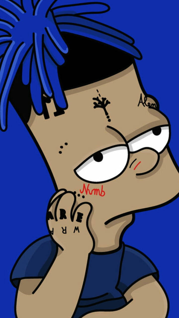 bart simpson sad boy 桌布 壁紙 — 一個藍色尖刺頭髮和紋身的卡通角色，在純藍色背景前沉思地凝視。