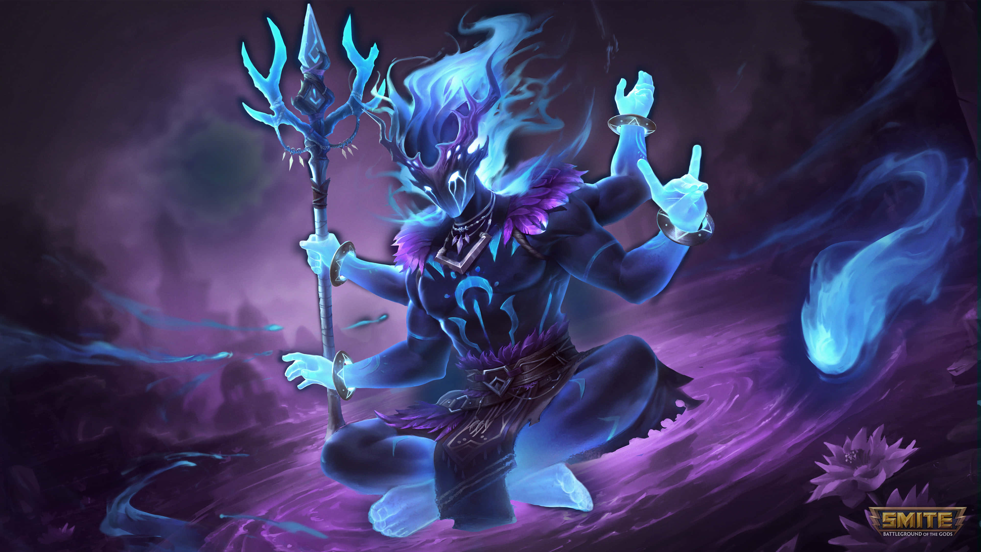 Shiva 桌布 壁紙 — 一個藍色發光的惡魔形象，長有鹿角並手持三叉戟，坐在旋轉的紫色能量和漂浮的蓮花之中。