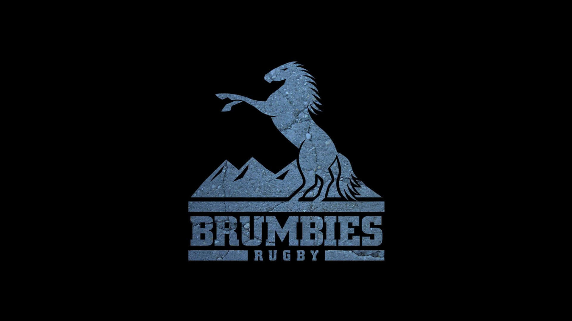Brumbies 桌布 壁紙 — 一個藍色紋理標誌，展示一匹在山上躍起的馬，並在黑色背景上帶有「BRUMBIES RUGBY」文字。