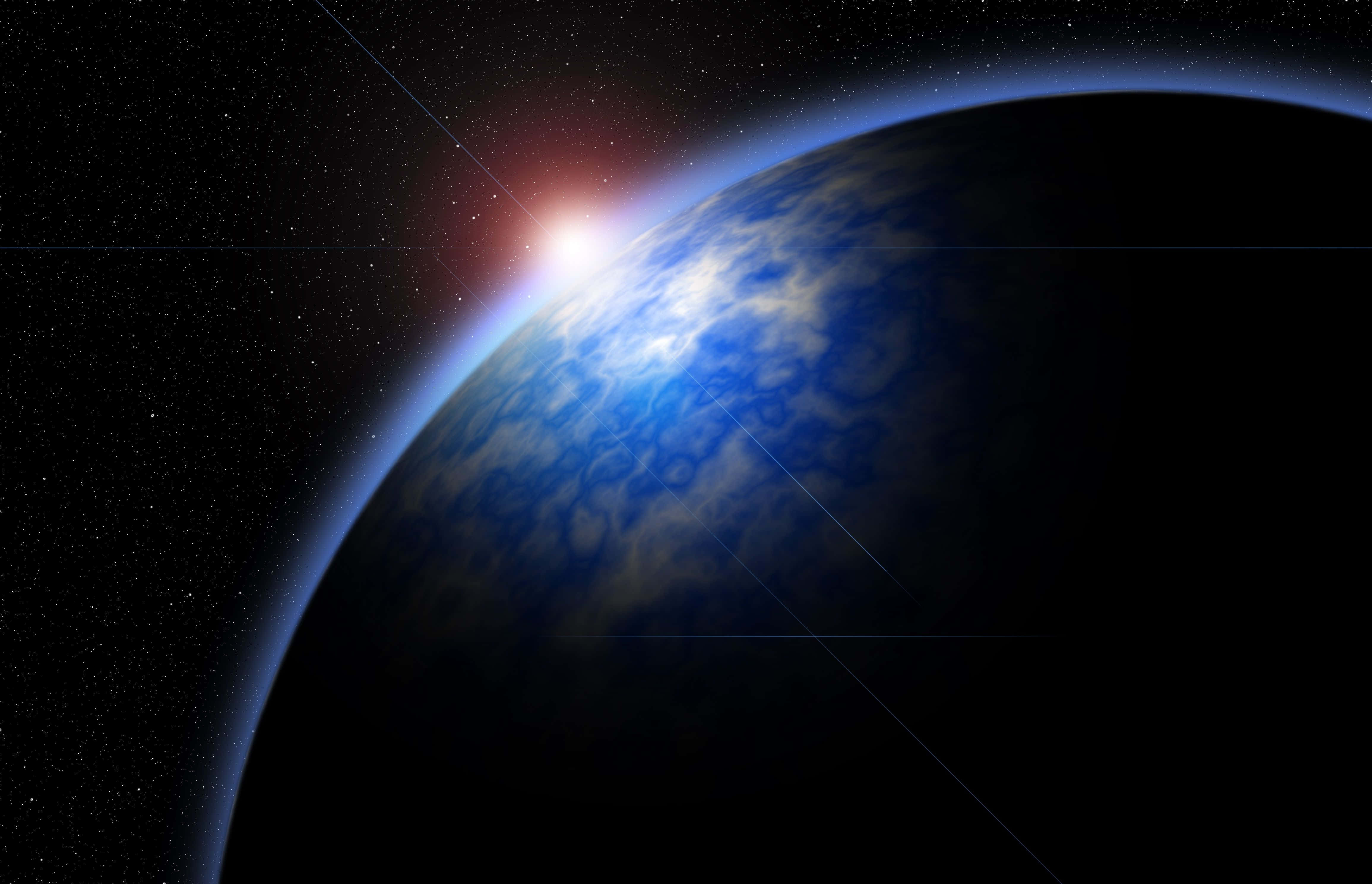 Exoplanet 桌布 壁紙 — 一個藍色行星帶有旋轉的雲層，在日出時對著有鏡頭光暈的星空發光。
