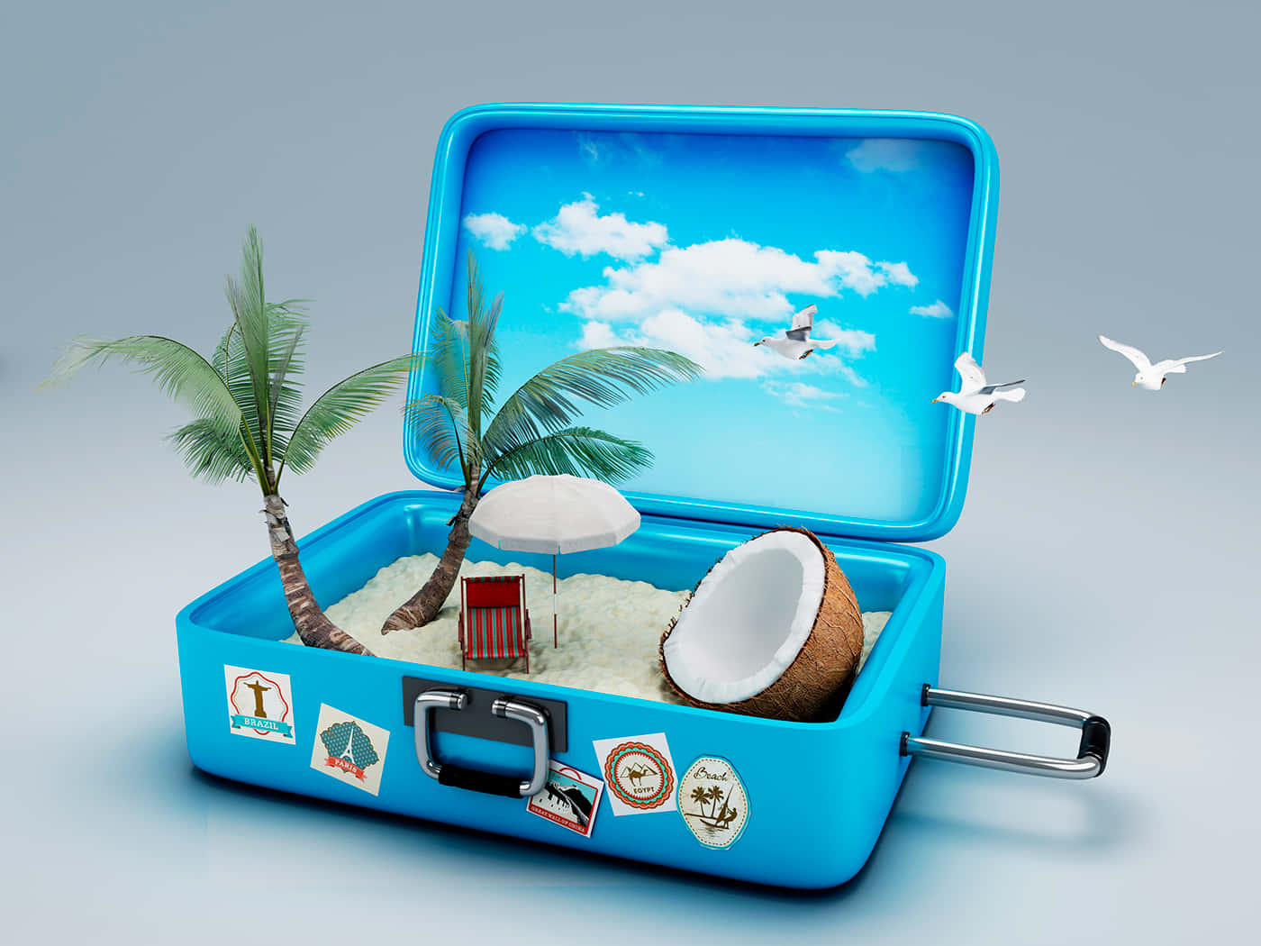3d Travel 桌布 壁紙 — 一個藍色行李箱打開，露出一個微型熱帶海灘，有棕櫚樹、椰子、沙灘椅和在海鷗在明亮的藍天下飛翔。