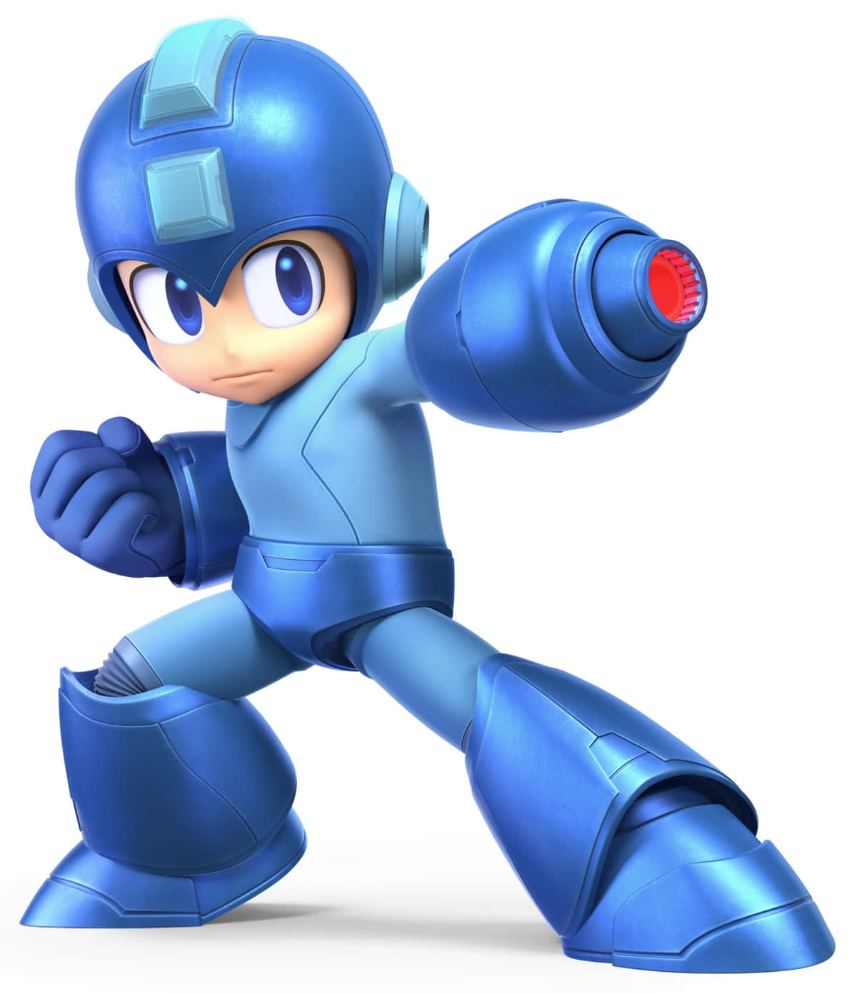 Megaman 桌布 壁紙 — 一個藍色裝甲機械人英雄，擺出動態戰鬥姿勢，配備紅色尖端的大炮手臂。