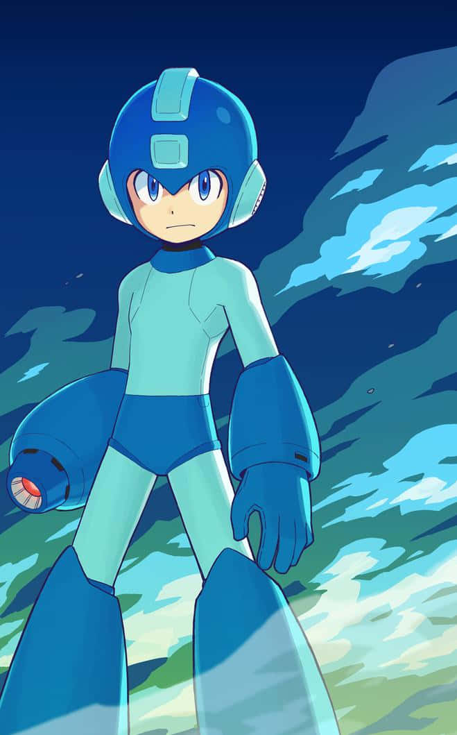 Megaman 桌布 壁紙 — 一個藍色裝甲機械人英雄自信地站在旋轉的藍綠色天空背景下。