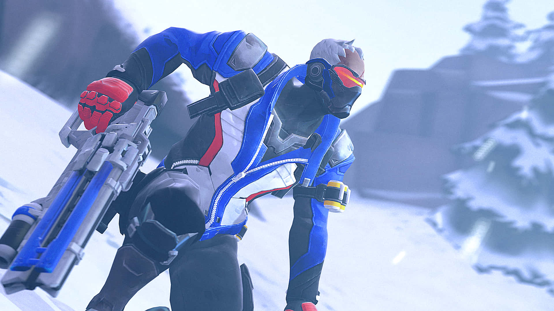 Soldier 76 桌布 壁紙 — 一個藍色裝甲的Overwatch英雄蹲在雪地中，手持大型武器，戴著紅色手套和護目鏡。