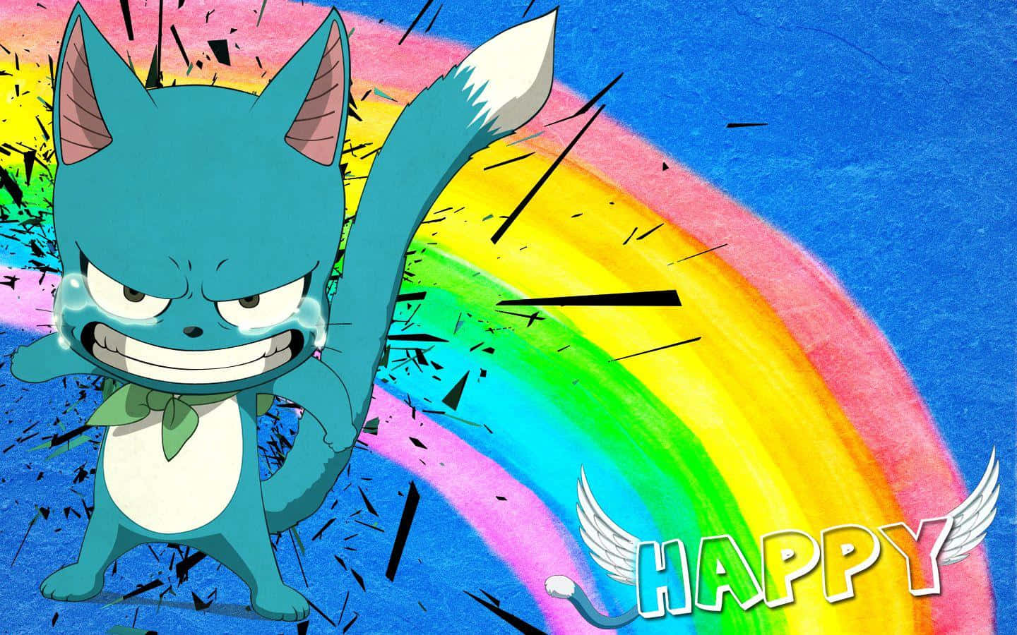 Fairy Tail Happy 桌布 壁紙 — 一個藍色貓狀動漫角色帶著兇猛的笑容，站在一條鮮豔的彩虹前，彩虹上有翅膀組成的「HAPPY」字樣。