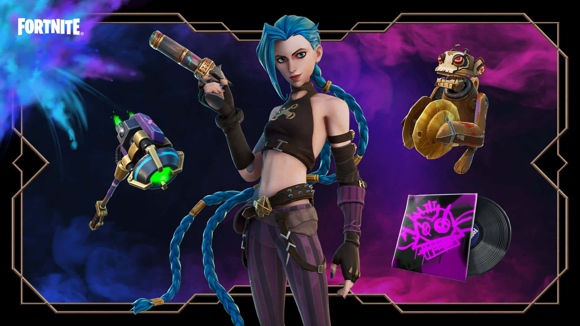 Console Game 桌布 壁紙 — 一個藍色辮子頭髮的Fortnite角色在宇宙紫色和藍色背景下揮舞著發光武器。