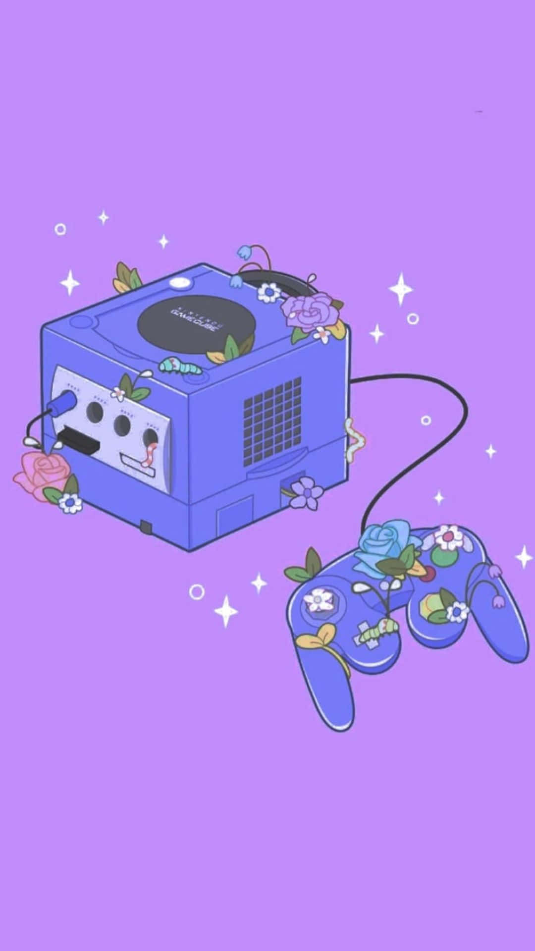 Kawaii Gaming 桌布 壁紙 — 一個藍色遊戲主機和控制器，飾有花朵和閃光，背景為紫色。
