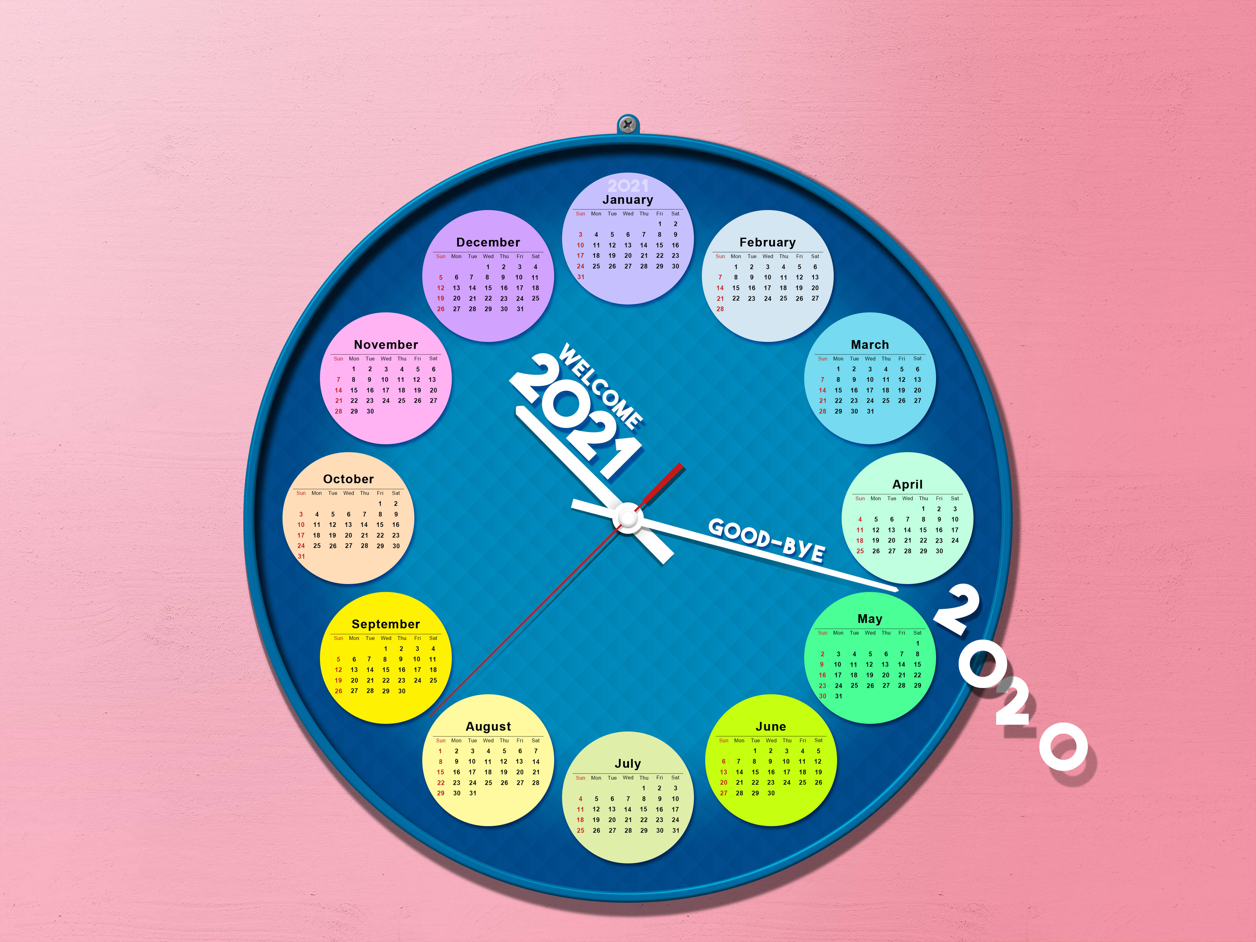 日曆 桌布 壁紙 — 一個藍色鐘面，帶有從2020年過渡到2021年的月曆，背景為粉紅色牆壁。