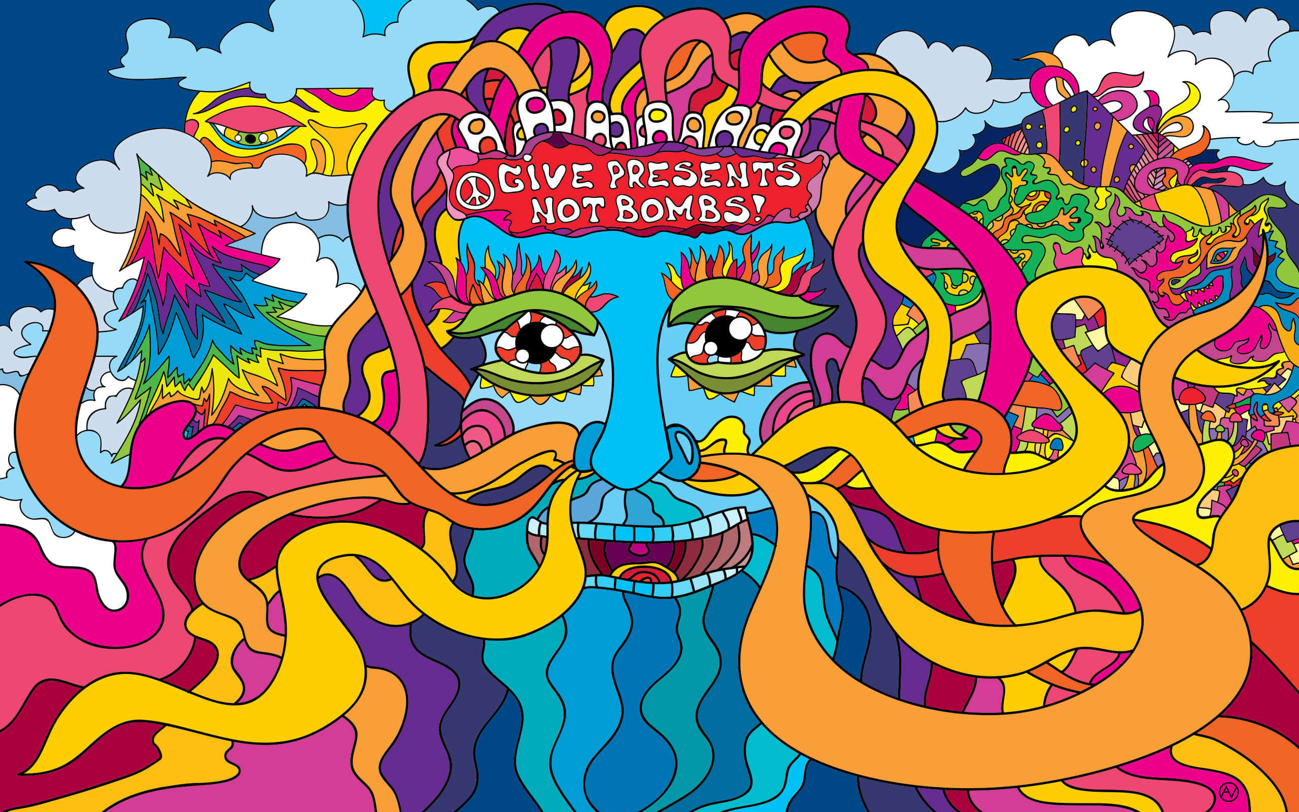 Psychedelic 3d Art 桌布 壁紙 — 一個藍色面孔的迷幻插圖，帶有旋轉的彩色觸手和一個寫著 give presents not bombs 的和平標誌橫幅。