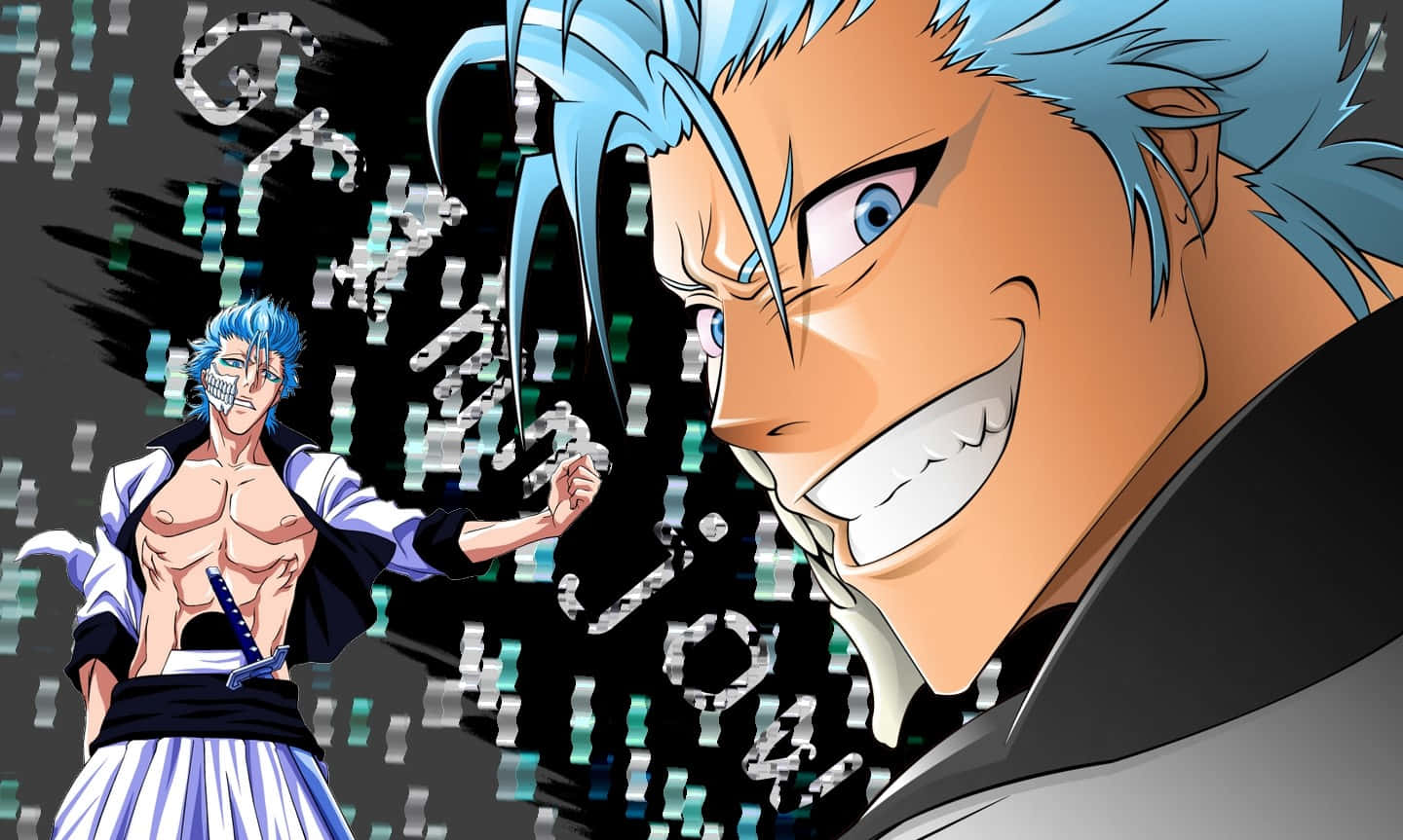 Grimmjow Jaegerjaquez 桌布 壁紙 — 一個藍色頭髮、咧嘴大笑的動漫角色佔據了畫面，而一個穿著白色服裝、較小的他站在後面，周圍環繞著漂浮的符號。