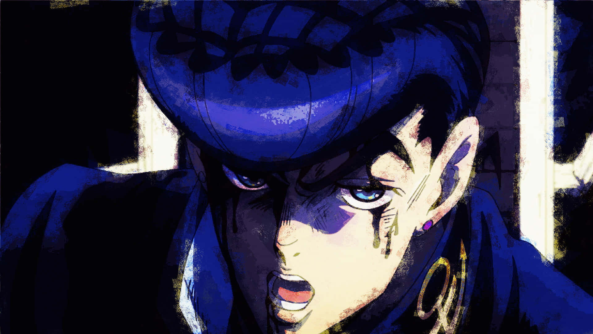 Josuke Higashikata 桌布 壁紙 — 一個藍色頭髮、眼神銳利的動漫角色特寫，在黑暗背景下兇狠地凝視。