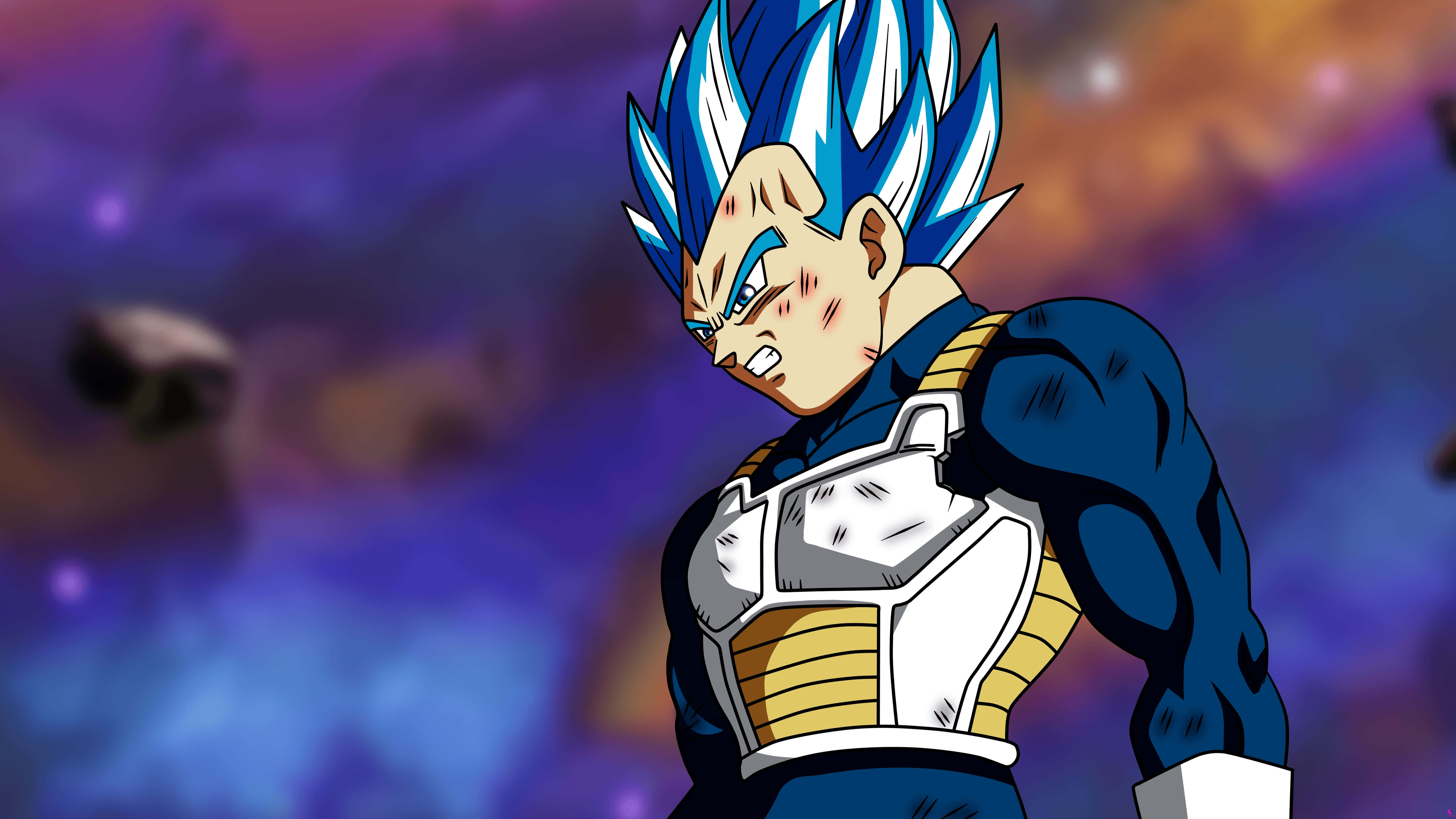 Vegeta Super Saiyan Blue 桌布 壁紙 — 一個藍色頭髮、身穿盔甲的兇猛動漫戰士，站在宇宙星雲背景前，背景有發光的星星。