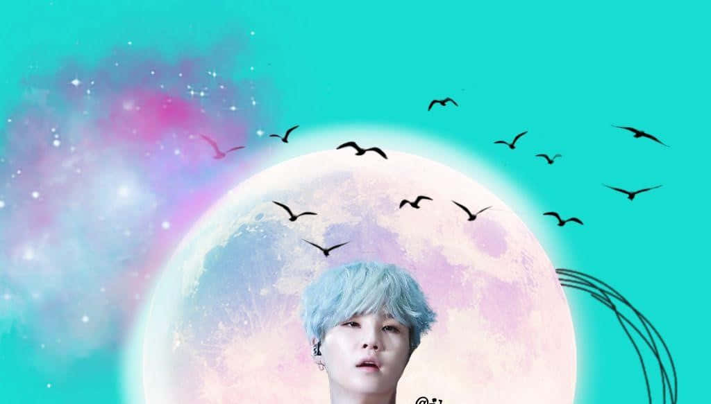 Bts Fanart 桌布 壁紙 — 一個藍色頭髮的人喺巨大月亮下向上望，雀仔喺充滿活力嘅藍綠色同粉紅色宇宙天空飛翔。