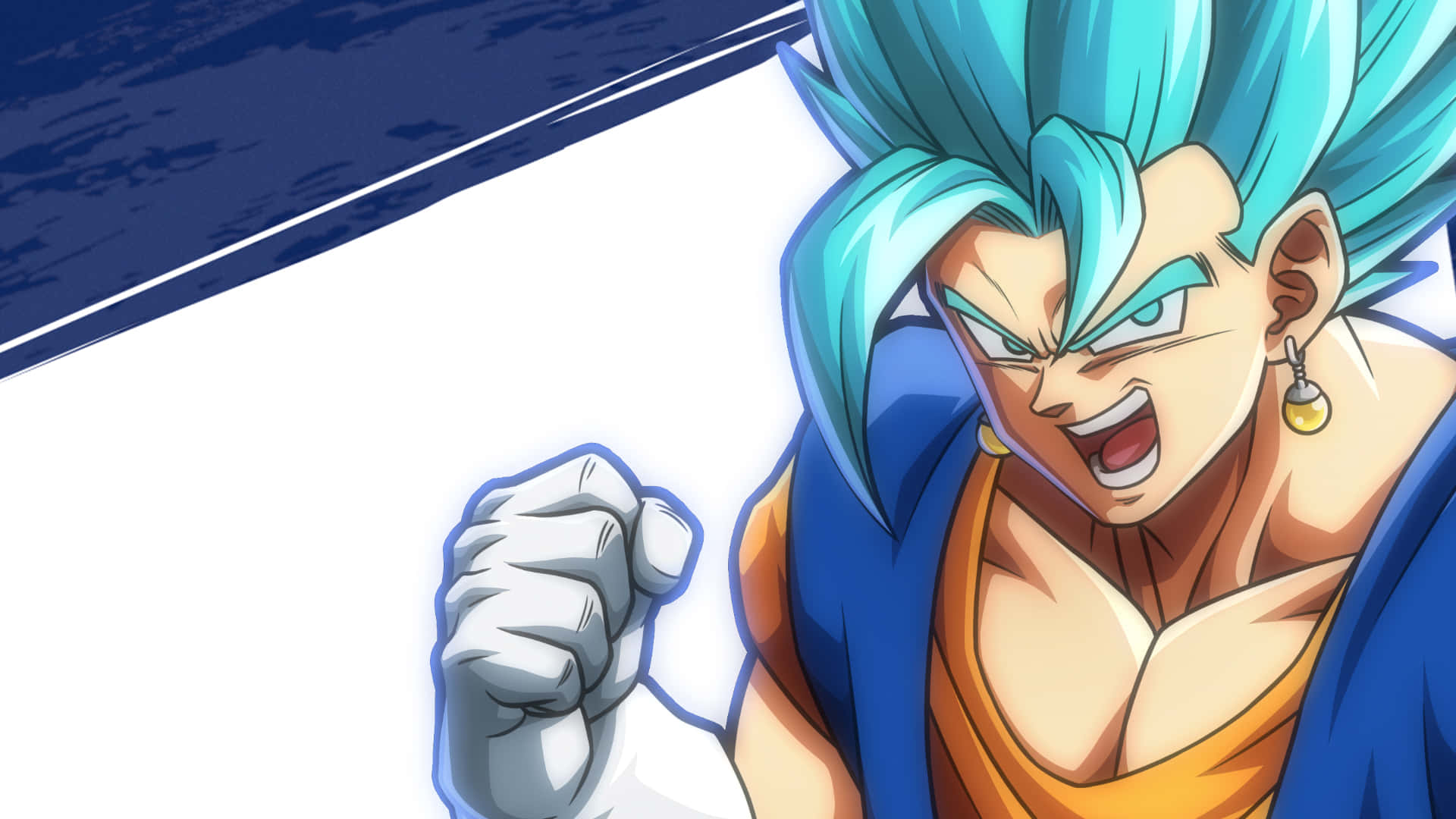Dragon Ball Fighterz 桌布 壁紙 — 一個藍色頭髮的兇猛動漫戰士，在純白和藍色背景下握緊拳頭咆哮。