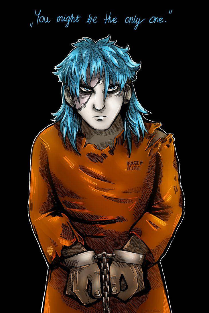 遊戲 桌布 壁紙 — 一個藍色頭髮的動漫囚犯穿著橙色囚衣，雙手被鎖鏈鎖住，站在黑色背景前，帶有文字。