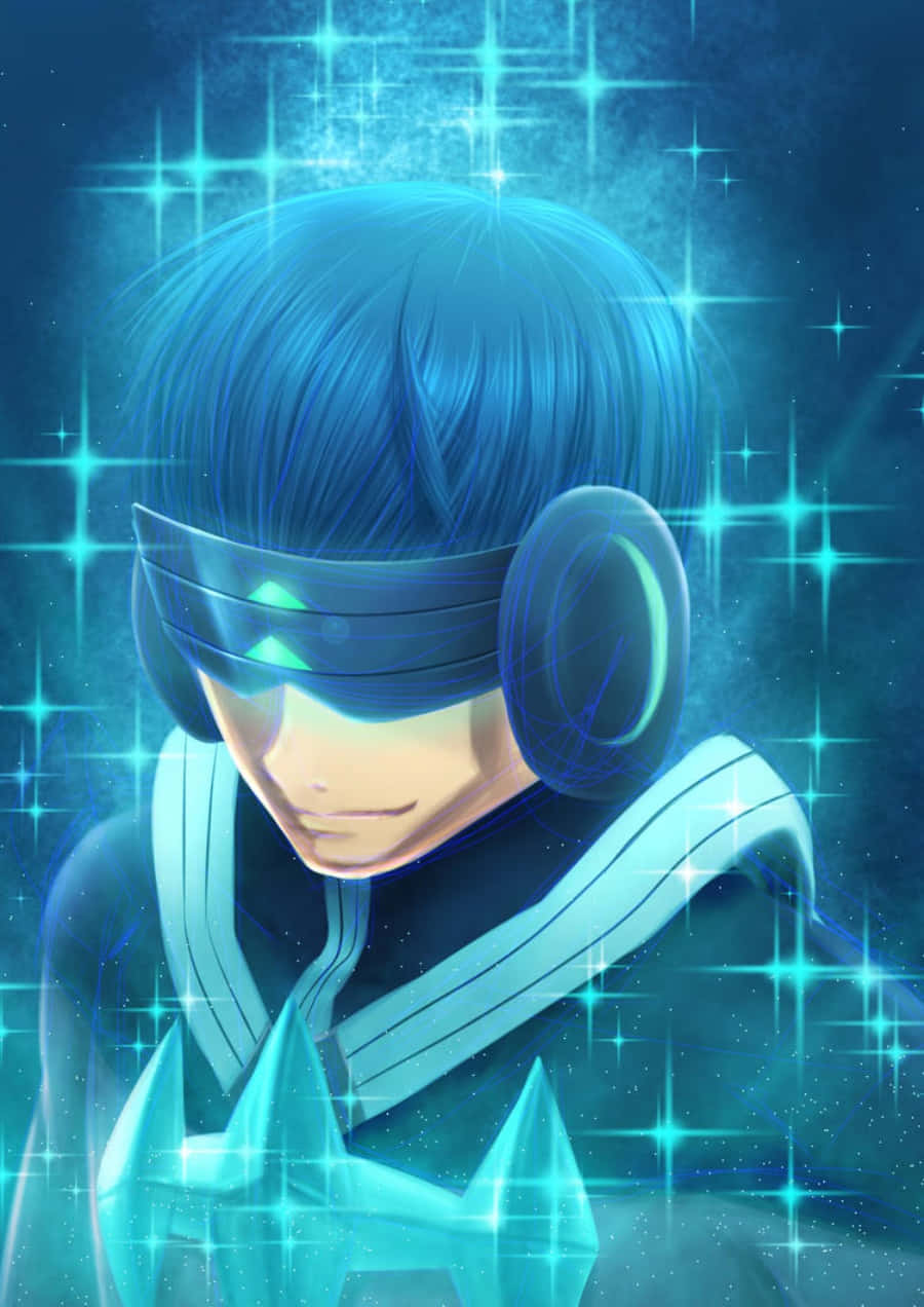 Houka Inumuta 桌布 壁紙 — 一個藍色頭髮的動漫角色，戴著發光的耳機，穿著未來風格的服裝，站在閃爍的星空藍色背景前。