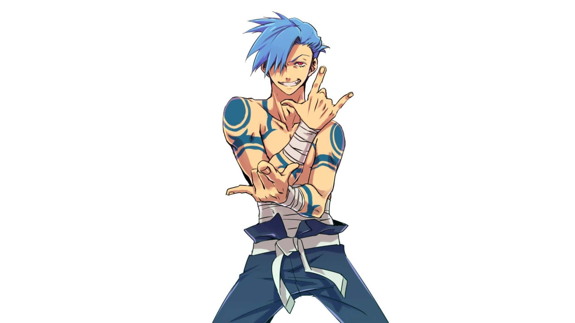Gurren Lagann Kamina 桌布 壁紙 — 一個藍色頭髮的動漫角色，手臂纏著繃帶，在純白色背景前擺出自信的姿勢。