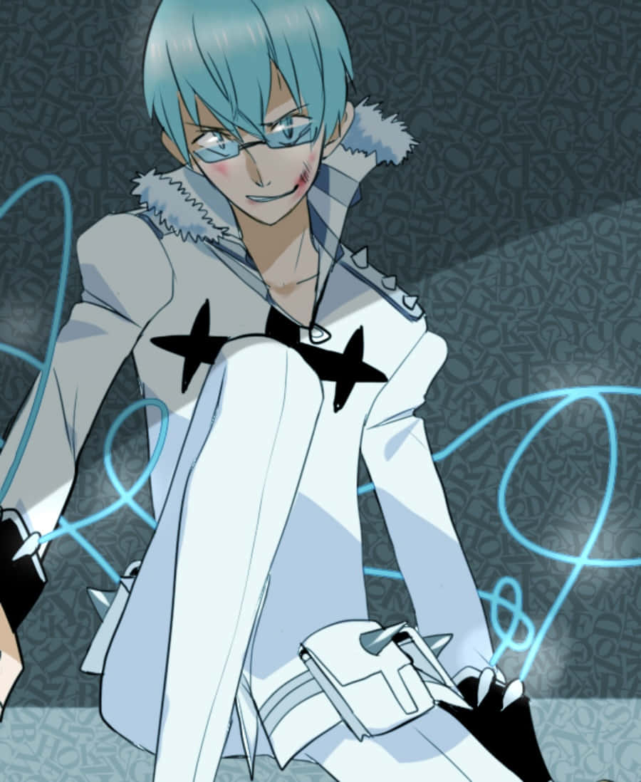 Houka Inumuta 桌布 壁紙 — 一個藍色頭髮的動漫角色，身穿帶有黑色星星裝飾和發光藍色能量線條的白色外套，在圖案背景前自信地擺姿勢。