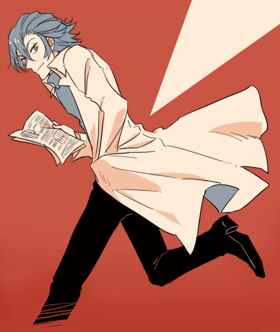 Aikuro Mikisugi 桌布 壁紙 — 一個藍色頭髮的動漫角色，身穿飄逸的白色外套，在鮮明的紅色和奶油色背景前動態奔跑，同時拿著一份報紙。