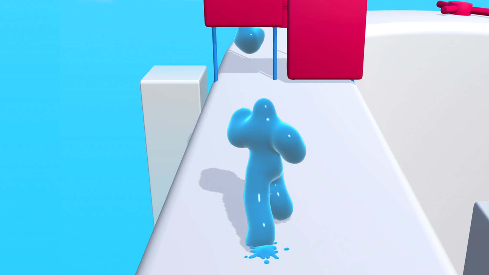 Casual Games 桌布 壁紙 — 一個藍色黏糊糊的角色在一個帶有紅色障礙物的極簡3D渲染遊戲環境中，跑過一個白色平台。