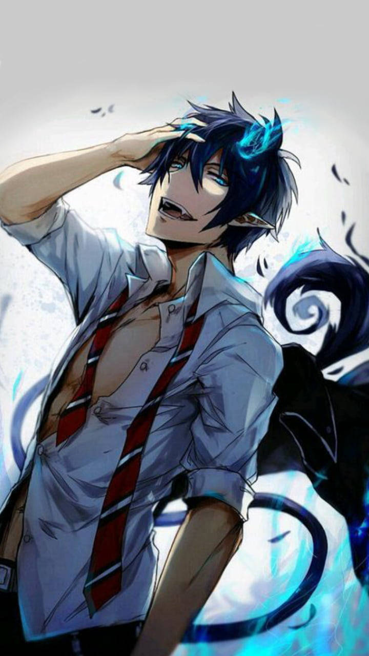 動漫男孩 桌布 壁紙 — 一個藍髮、尖耳、尾巴旋轉的動畫男孩，微笑著遮擋強光。