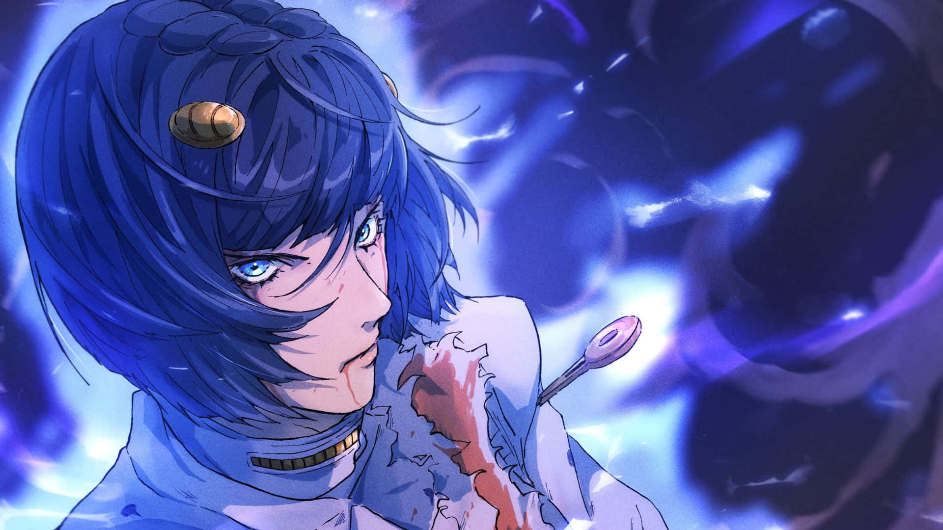 Bruno Bucciarati 桌布 壁紙 — 一個藍髮、眼睛發光的動漫角色，胸前血跡斑斑，站在旋轉的宇宙藍色背景前。