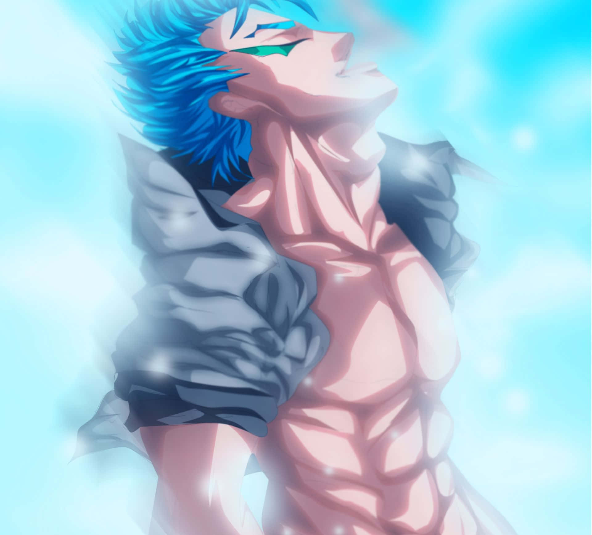 Grimmjow Jaegerjaquez 桌布 壁紙 — 一個藍髮、眼睛發光的動畫男性，站在明亮的天空下，襯衫破爛，肌肉線條分明，光環閃爍。