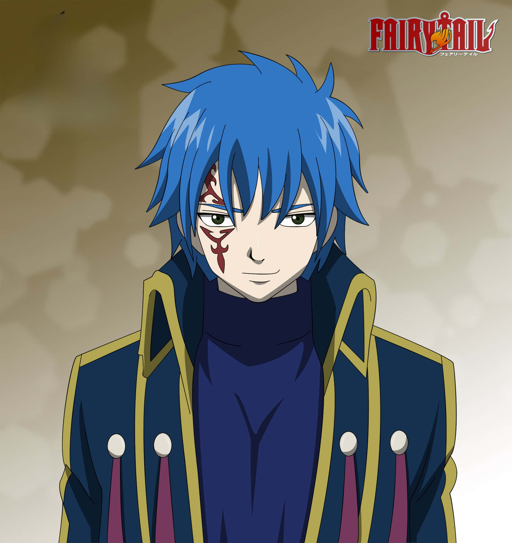 Jellal Fernandes 桌布 壁紙 — 一個藍髮、臉上帶有紅色標記的動漫角色，穿著深藍色和金色的外套，背景柔和模糊。