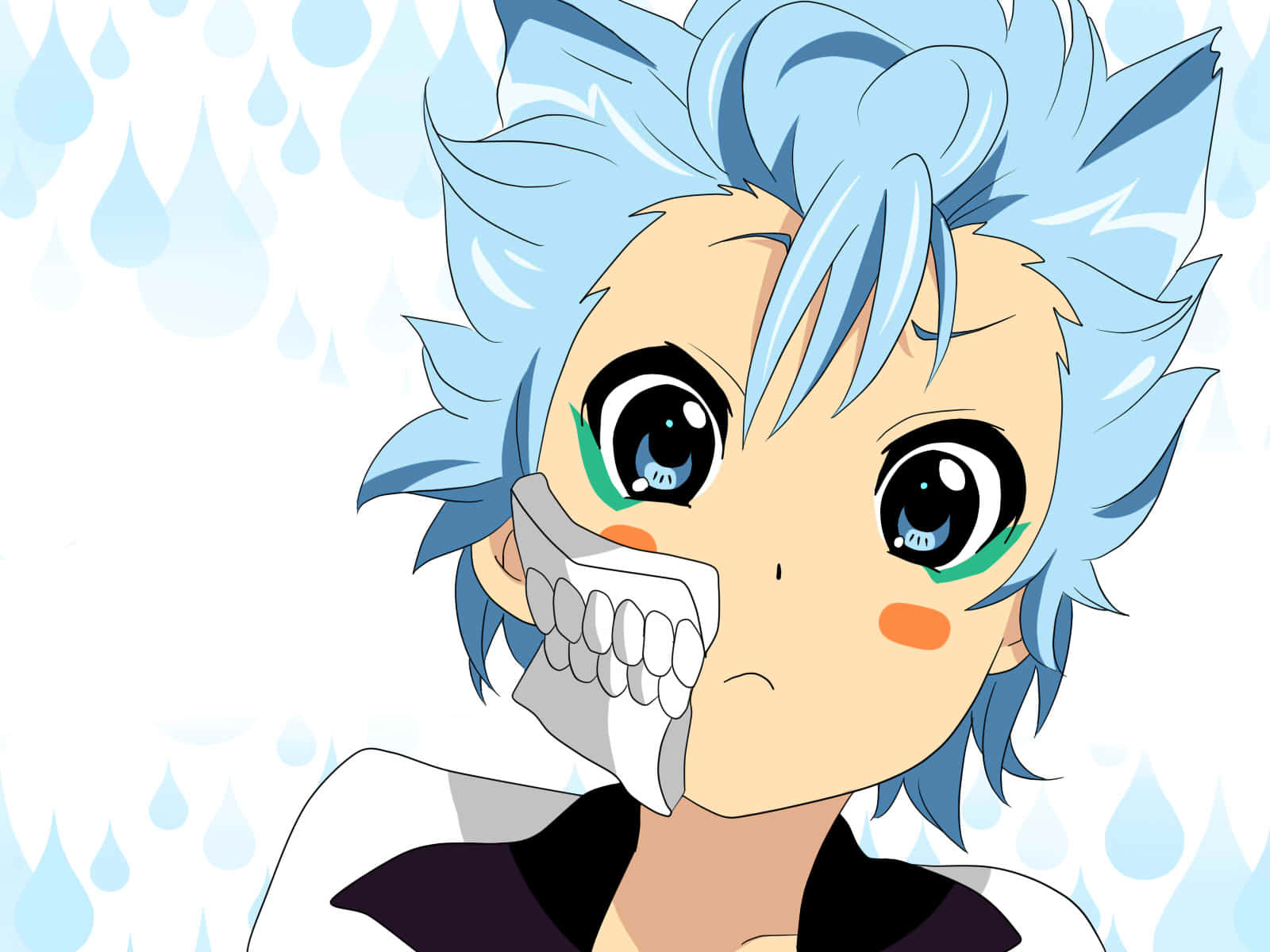 Grimmjow Jaegerjaquez 桌布 壁紙 — 一個藍髮動漫女孩咧嘴笑著，將牙齒模型貼在臉上，身後雨滴落下。