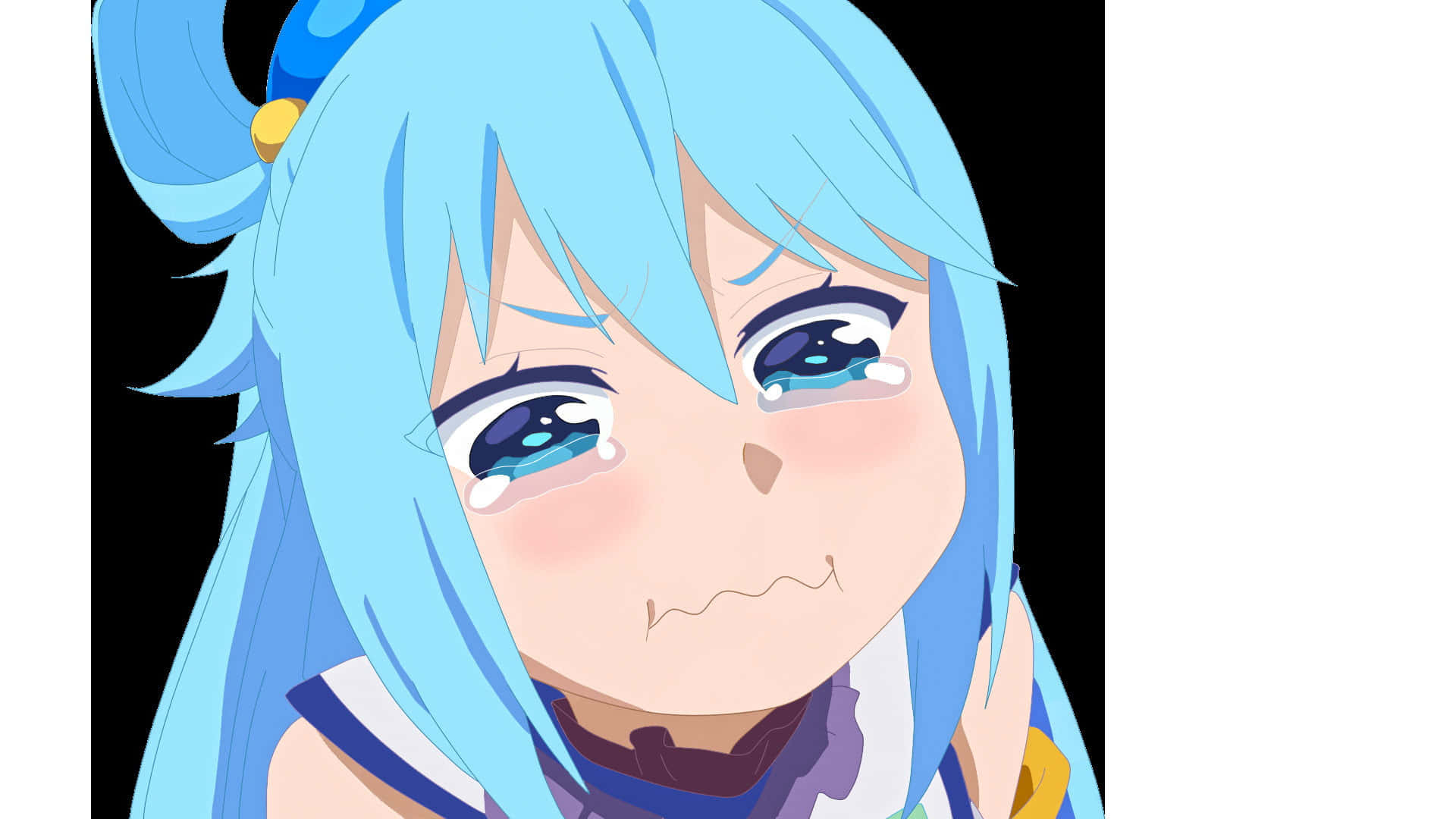 Konosuba God's Blessing On This Wonderful World 桌布 壁紙 — 一個藍髮動漫女孩的特寫，她雙眼含淚，表情悲傷，背景為黑色。