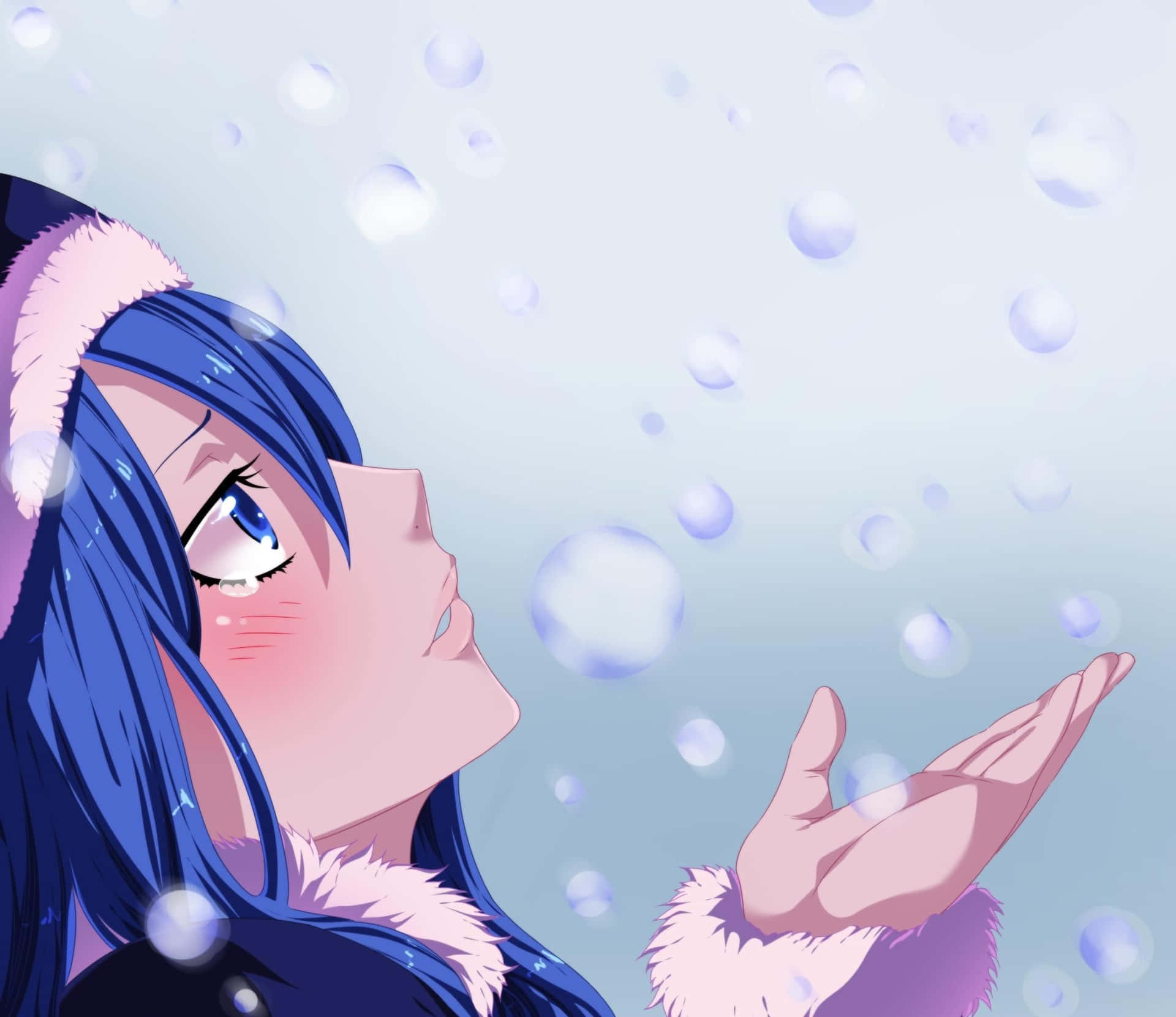 juvia lockser 桌布 壁紙 — 一個藍髮動漫女孩穿著冬季外套，仰望柔和粉彩天空中飄浮的半透明泡泡。