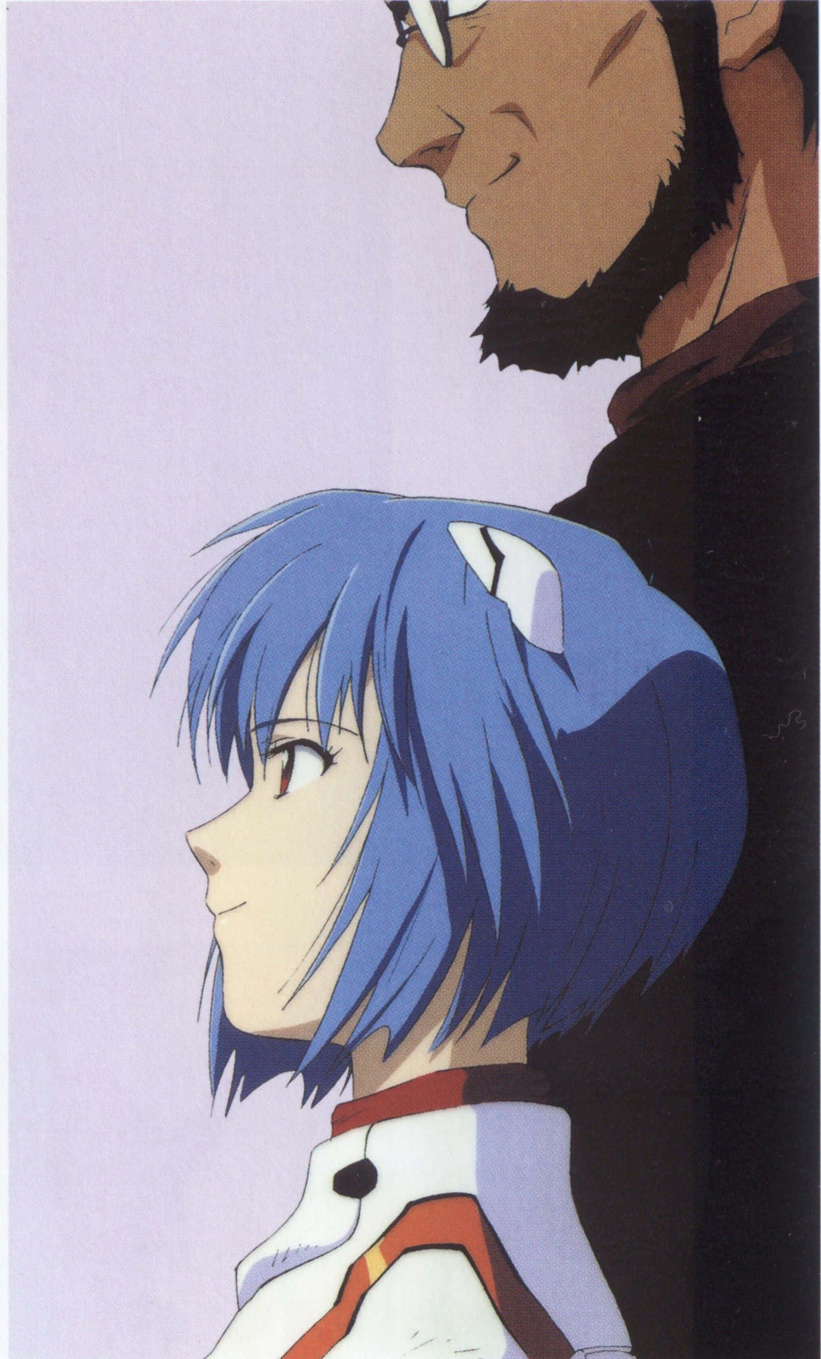 Gendo Ikari 桌布 壁紙 — 一個藍髮動漫女孩穿著白色和橙色制服，在柔和的薰衣草背景前抬頭看著一個留鬍子的男人側面。