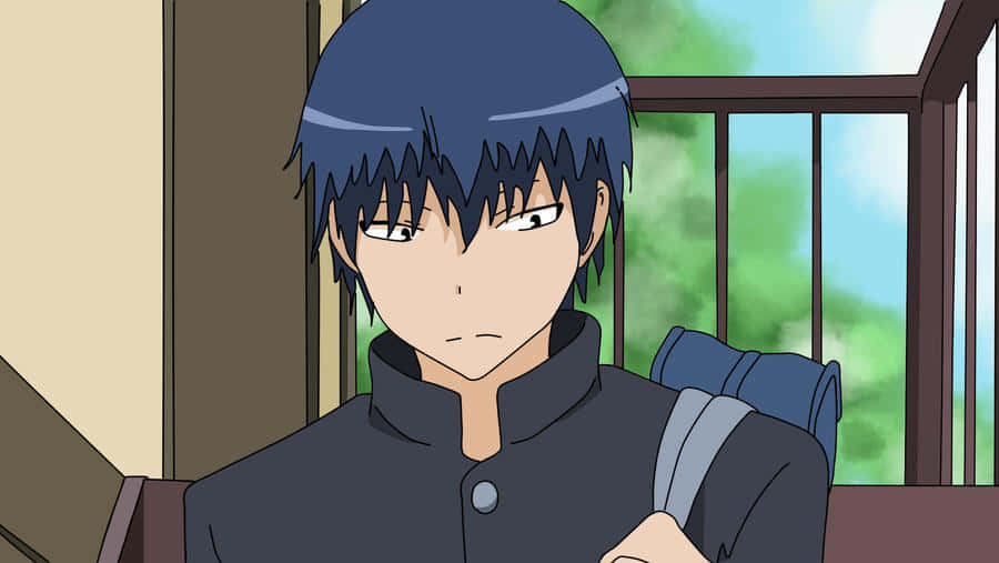 Ryuuji Takasu 桌布 壁紙 — 一個藍髮動漫男孩穿著深色制服，背著背包在室內側視，表情中性。