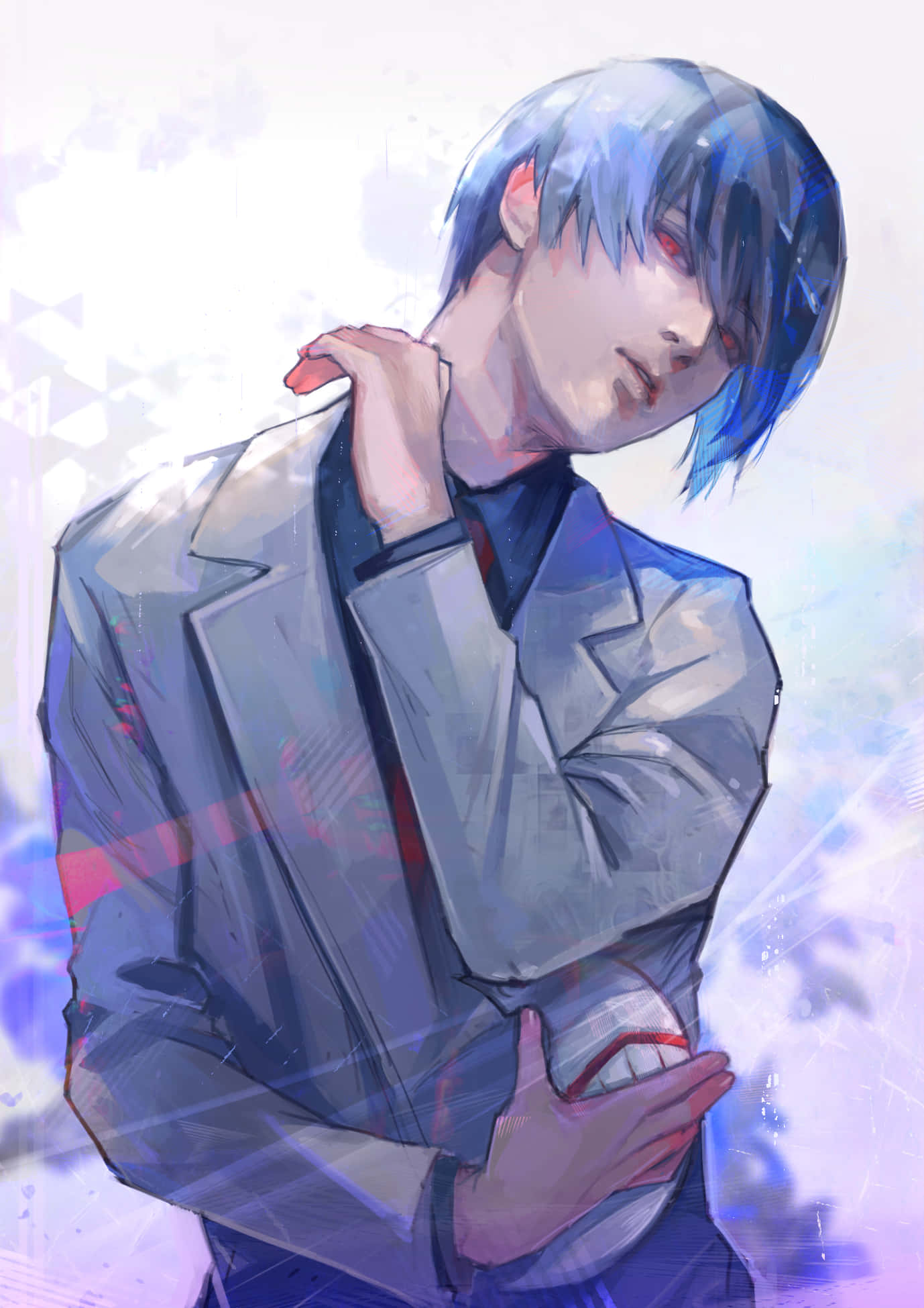 Shuu Tsukiyama 桌布 壁紙 — 一個藍髮動漫男孩穿著灰色西裝，手持發光球體，紅眼，表情沉思，背景柔和抽象。