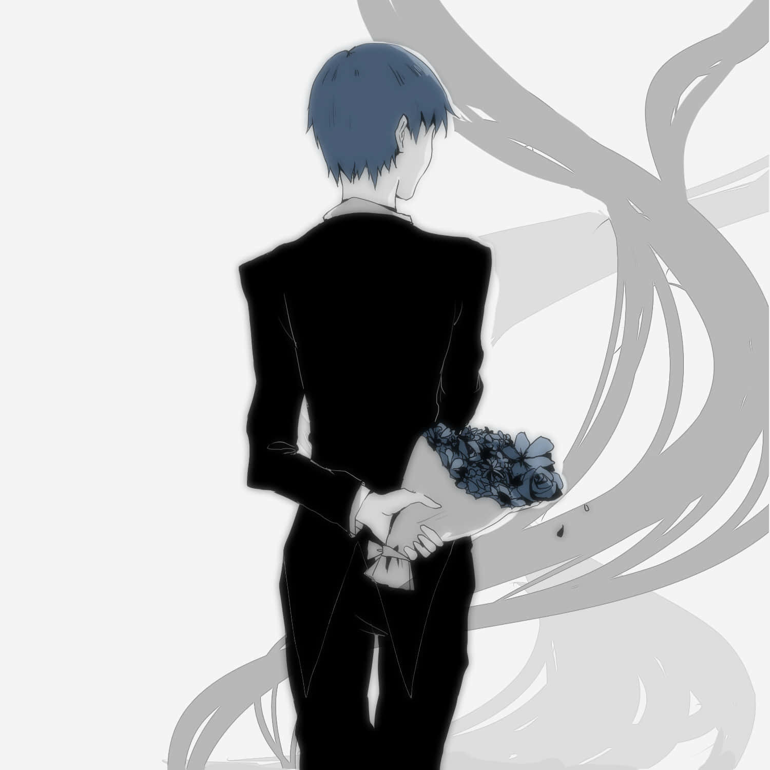Aoba Kuronuma 桌布 壁紙 — 一個藍髮動漫男孩穿著黑色西裝，手持藍色花束，背對著觀眾，背景是旋轉的灰色。