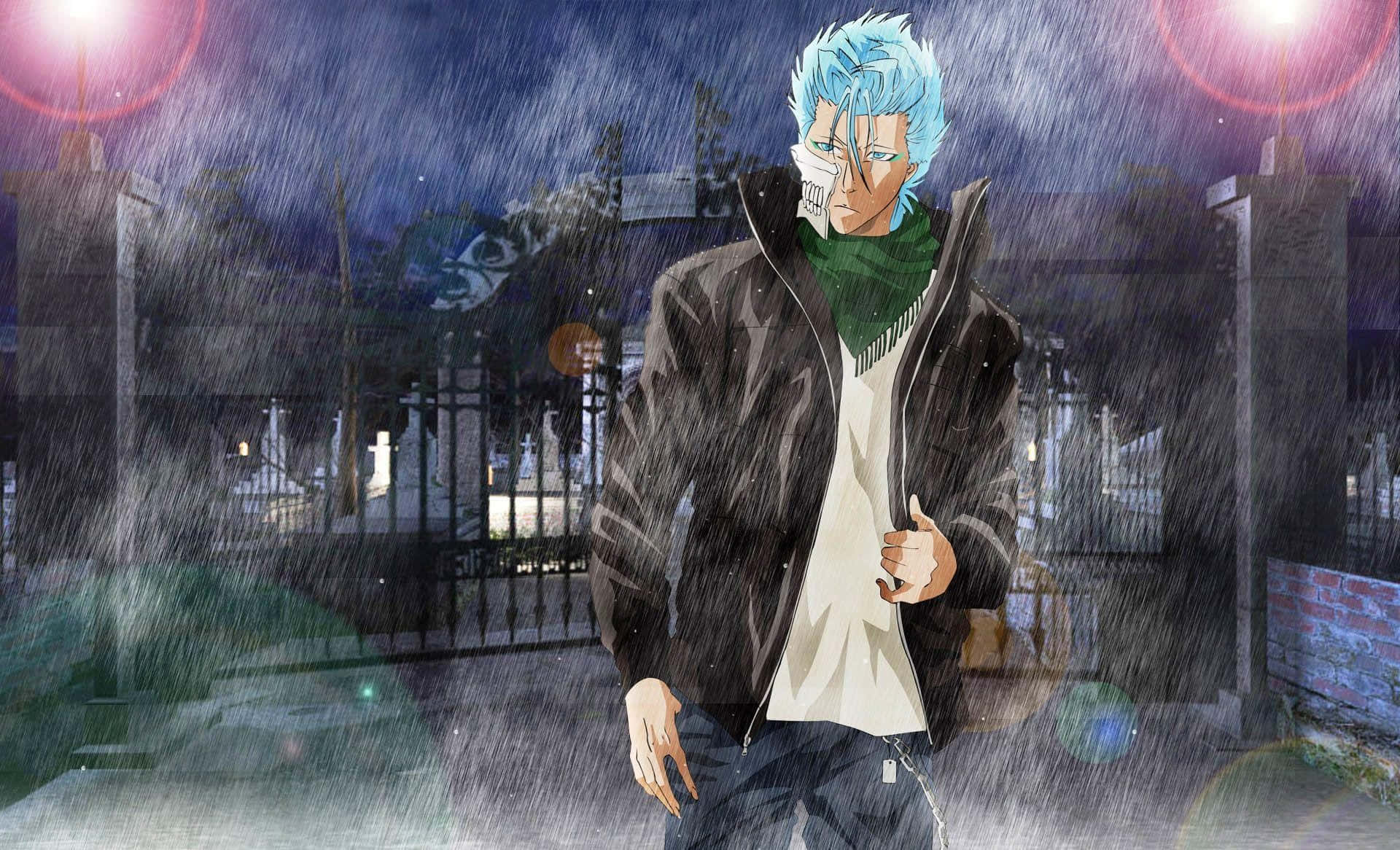 Grimmjow Jaegerjaquez 桌布 壁紙 — 一個藍髮動漫角色在夜晚的暴雨中站立，穿著黑色外套和綠色圍巾，背景有發光的紅燈。