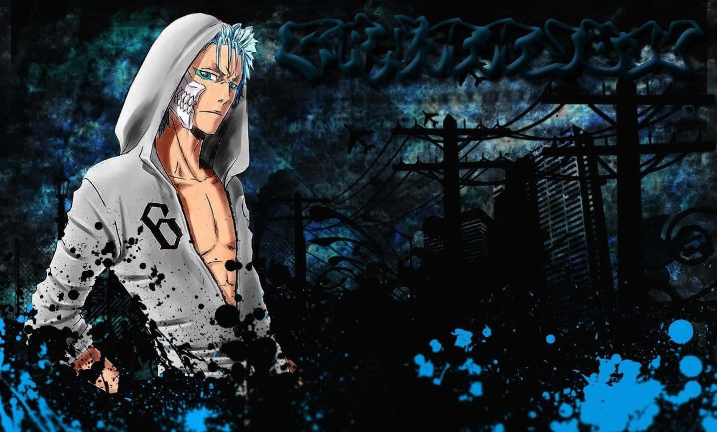 Grimmjow Jaegerjaquez 桌布 壁紙 — 一個藍髮動漫角色戴著骷髏面具和白色連帽衫，站在一條濺滿藍色油漆的黑暗城市小巷中。
