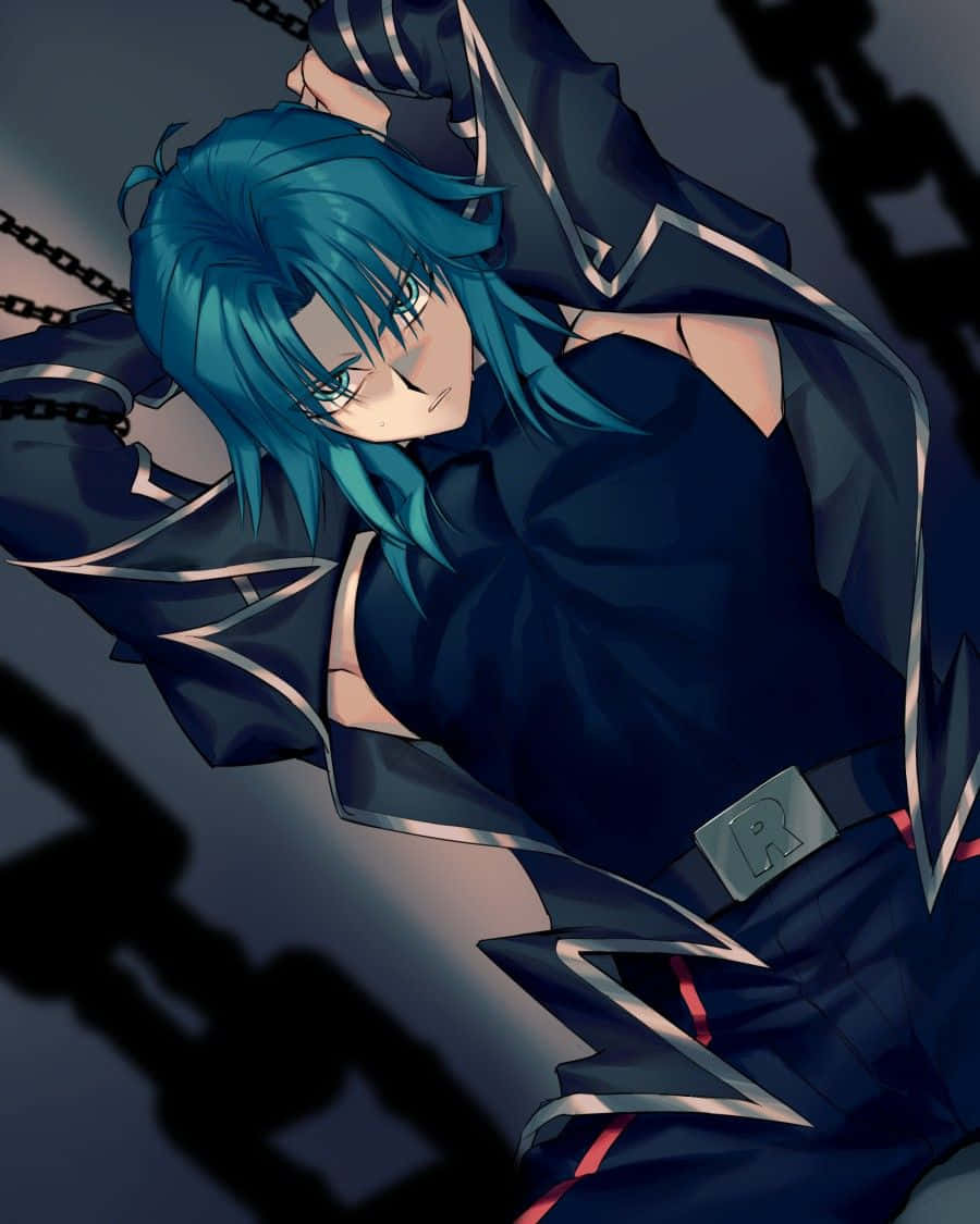 Zane Truesdale 桌布 壁紙 — 一個藍髮動漫角色穿著深色衣服，被鎖鏈束縛，癱倒在陰暗的背景前。