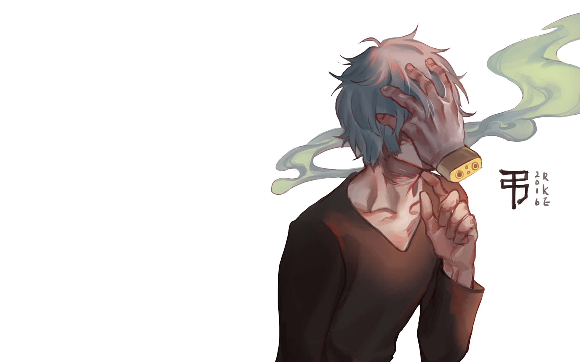 Tomura Shigaraki 桌布 壁紙 — 一個藍髮動漫角色穿著深色襯衫，一手將冒煙的煙斗舉到臉前，另一手遮住眼睛抵擋旋轉的綠色煙霧。