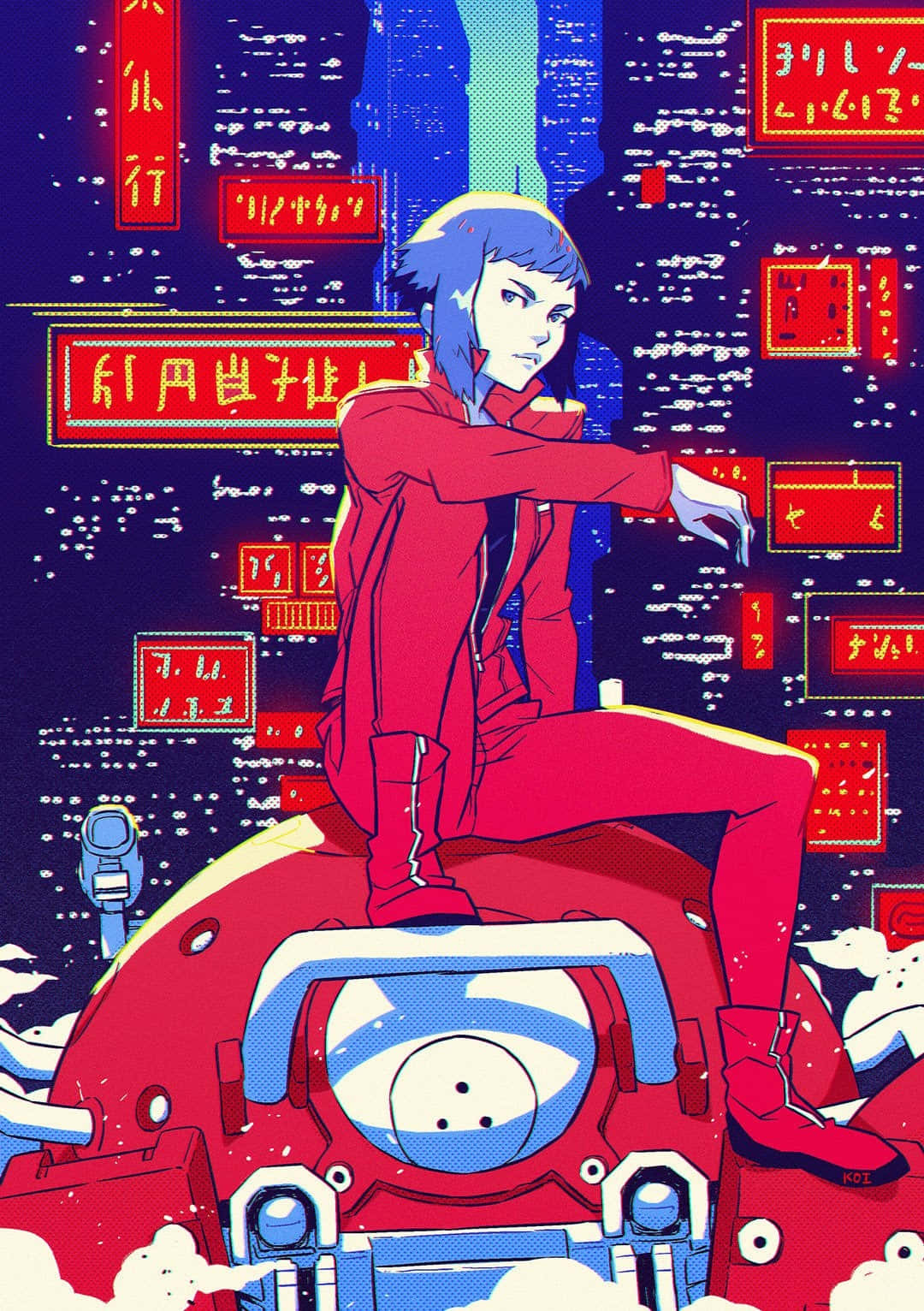 Ghost In The Shell Logicoma 桌布 壁紙 — 一個藍髮動漫角色穿著紅色西裝，坐在一輛紅色未來風格的車輛上，背景是霓虹燈照亮的賽博龐克城市景觀。