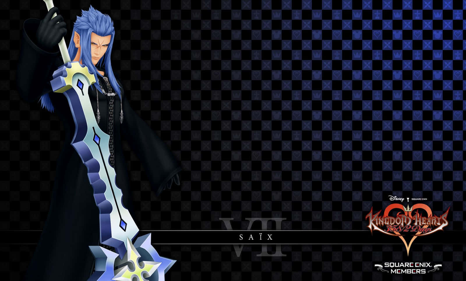 Kingdom Hearts Organization 13 桌布 壁紙 — 一個藍髮動漫角色穿著黑色外套，在深藍色和黑色格仔背景中揮舞著發光的鍵刃。