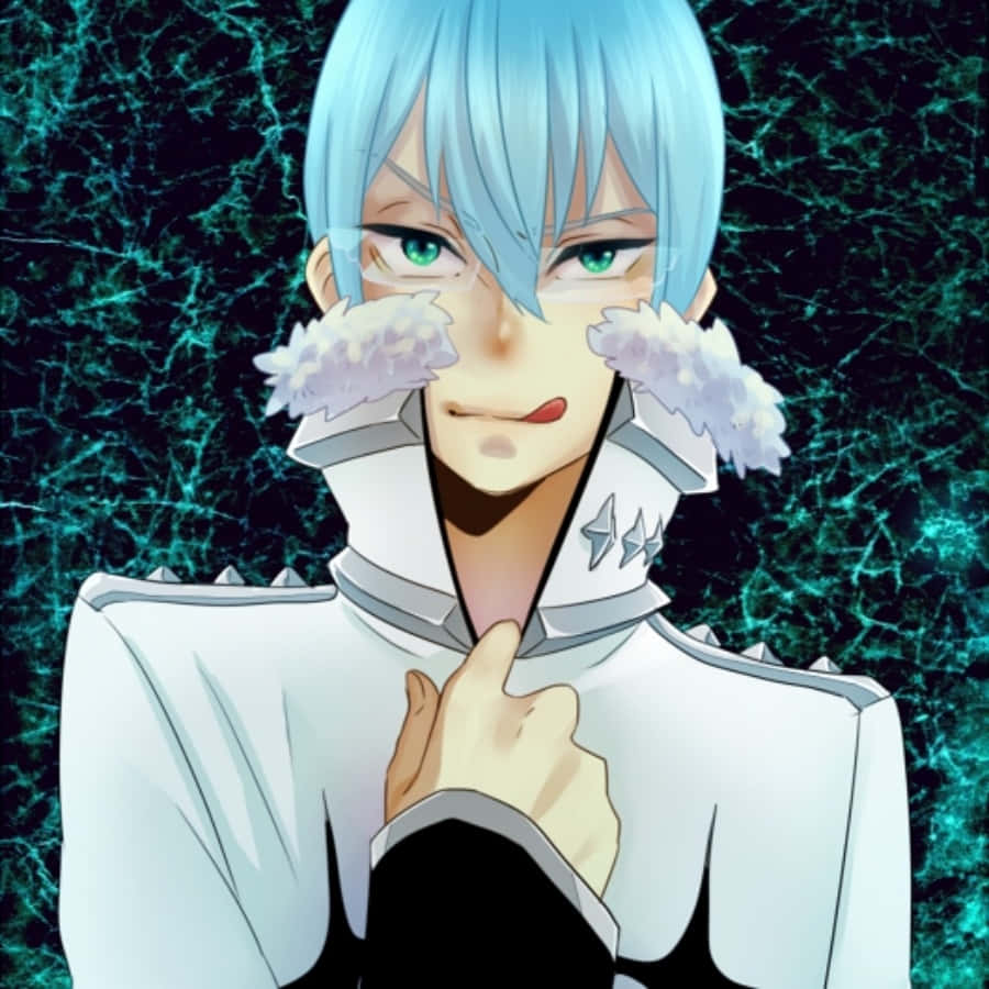 Houka Inumuta 桌布 壁紙 — 一個藍髮動漫角色身穿白色毛領外套，站在發光的青綠色裂紋背景前。