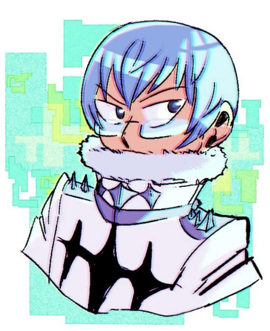Houka Inumuta 桌布 壁紙 — 一個藍髮怒目的動漫角色，穿著白色毛邊服裝，背景是像素化的青綠色和綠色。