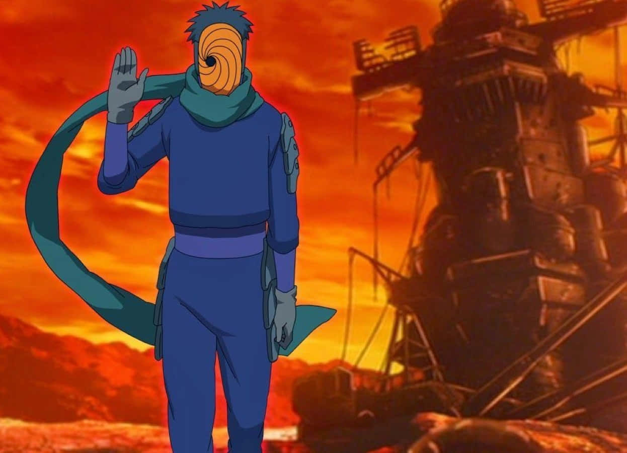 Akatsuki Tobi 桌布 壁紙 — 一個藍髮橙色面具的動漫角色，在熾熱的夕陽下站在一艘破船前。